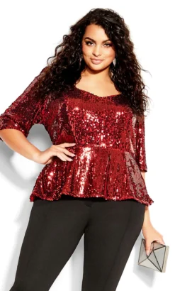 City Chic Red Sequin Peplum Top