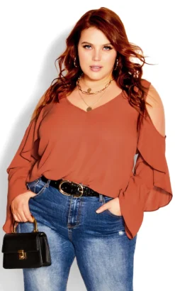 City Chic Orange Ruffle Cold Shoulder Top