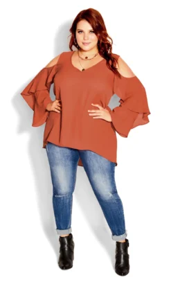 City Chic Orange Ruffle Cold Shoulder Top -Bold Fit Store 211884PAPRIKA 3