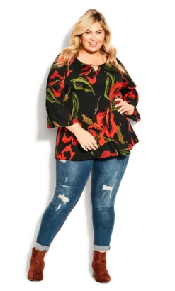 Avenue Black & Red Floral Trim Top