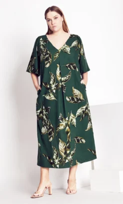 City Chic Refinity Green Palm Short Sleeve Dress