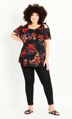 Evans Black Tropical Cold Shoulder Top -Bold Fit Store 212276BLACK 3