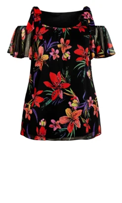 Evans Black Tropical Cold Shoulder Top -Bold Fit Store 212276BLACK 6