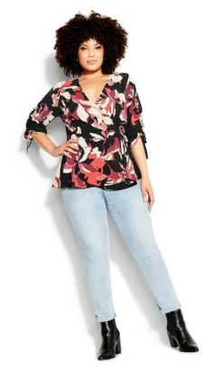 City Chic Black & Burgundy Floral Wrap Top