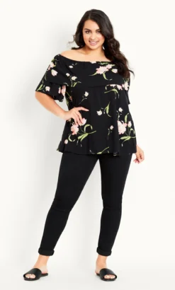 Evans Black Floral Print Frill Bardot Top