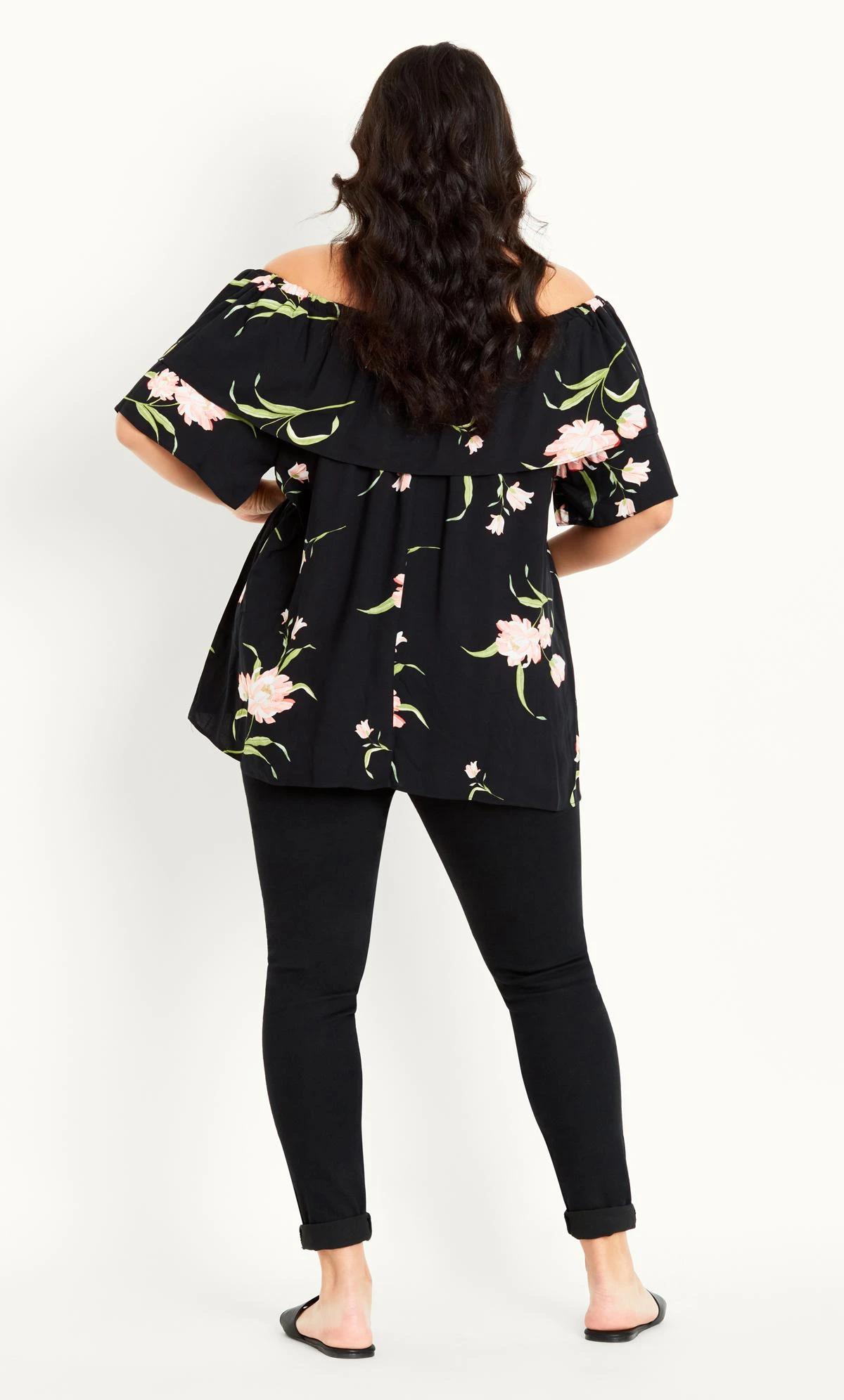 Evans Black Floral Print Frill Bardot Top 4 Evans Black Floral Print Frill Bardot Top - Image 4