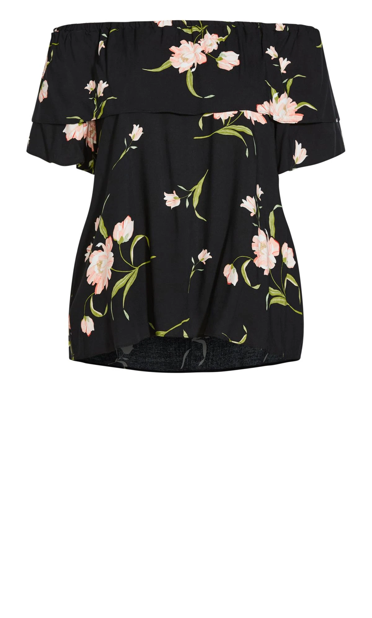 Evans Black Floral Print Frill Bardot Top 5 Evans Black Floral Print Frill Bardot Top - Image 5