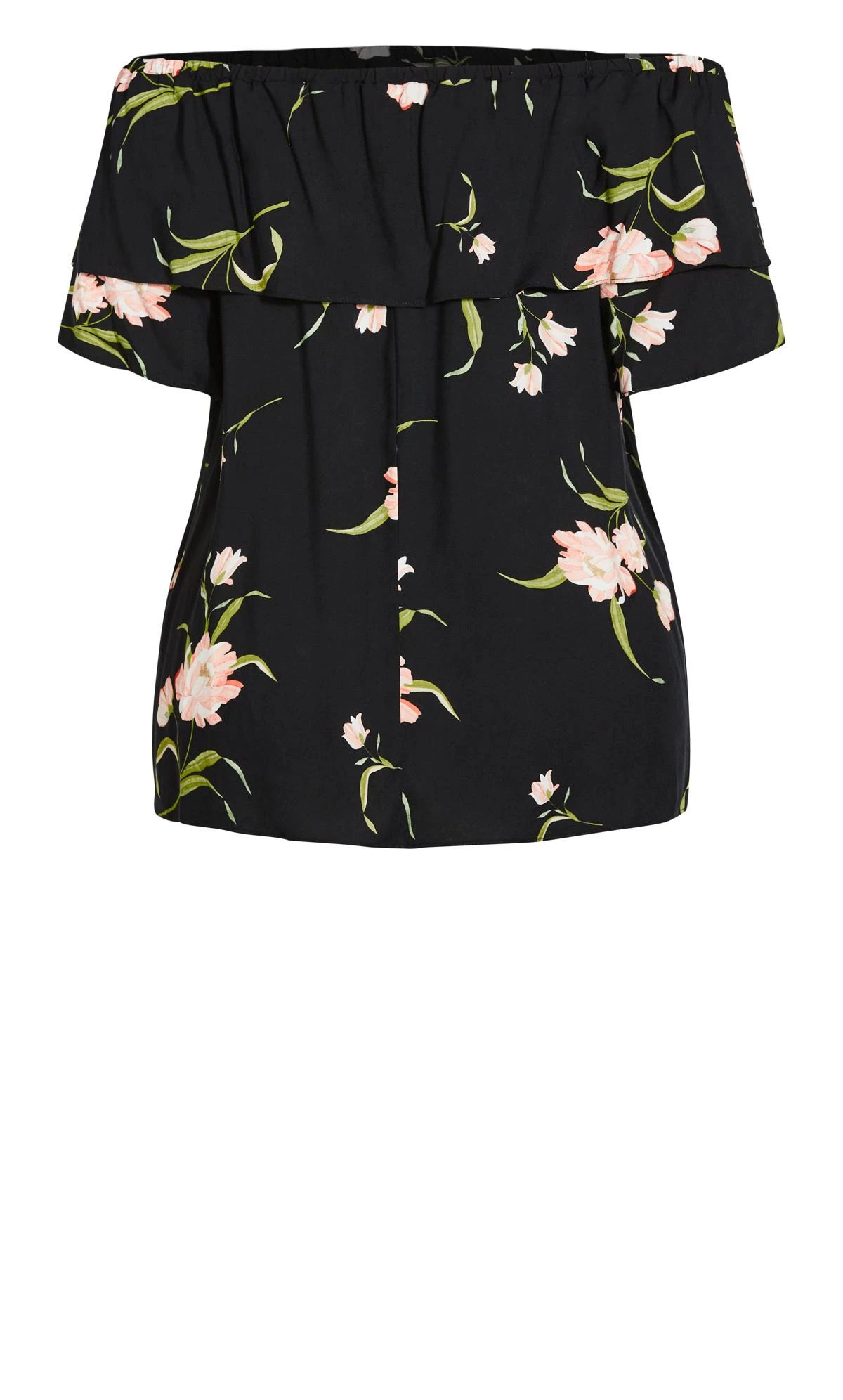 Evans Black Floral Print Frill Bardot Top 6 Evans Black Floral Print Frill Bardot Top - Image 6