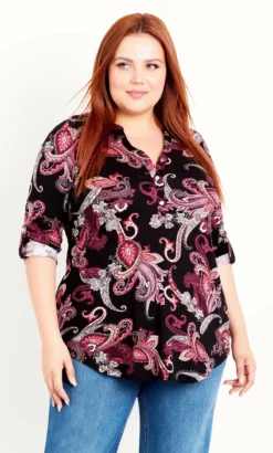 Evans Black & Pink Paisley Print Long Sleeve Half Placket Shirt -Bold Fit Store 212466PAISLEYWINE 3