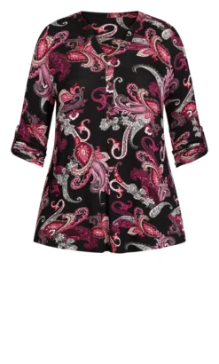 Evans Black & Pink Paisley Print Long Sleeve Half Placket Shirt -Bold Fit Store 212466PAISLEYWINE 9