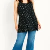 Evans Black Bird Print Knot Longline Top