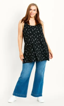 Evans Black Bird Print Knot Longline Top