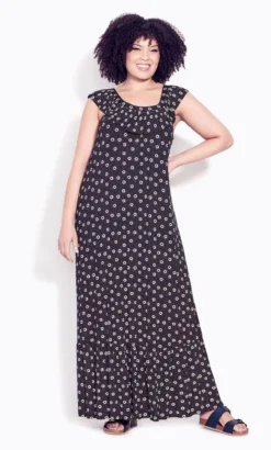 Evans Navy Frill Shoulder Print Maxi Dress