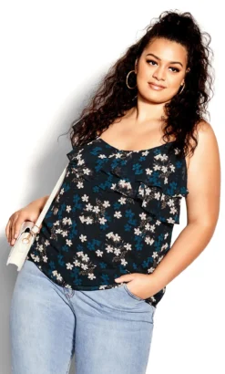 City Chic Black & Blue Floral Frill Vest Top