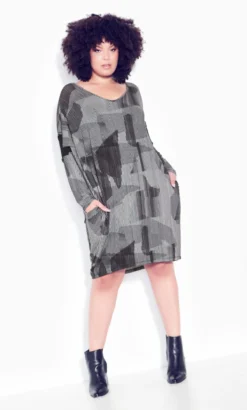 Avenue Grey Abstract Print Shift Midi Dress