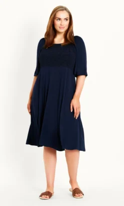 Evans Navy Shirred Plain Dress