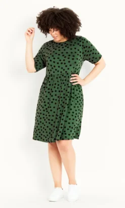 Evans Khaki Green Polka Dot Smock Dress