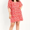 Evans Red Floral Print Angel Sleeve Swing Dress
