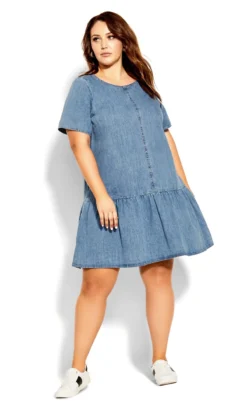 City Chic Light Wash Denim Frill Hem Shift Dress