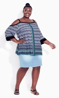 Avenue Blue Zig Zag Print Cold Shoulder Top