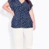 Avenue Evans Navy Blue Polka Dot Print V-Neck Blouse