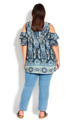 Avenue Blue Paisley Print Cold Shoulder Top -Bold Fit Store 214321PAISLEYPLUNGEBORDE 4