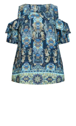 Avenue Blue Paisley Print Cold Shoulder Top -Bold Fit Store 214321PAISLEYPLUNGEBORDE 5