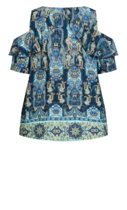 Avenue Blue Paisley Print Cold Shoulder Top -Bold Fit Store 214321PAISLEYPLUNGEBORDE 6