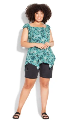 Avenue Blue Paisley Print Ruffle Hanky Hem Vest Top