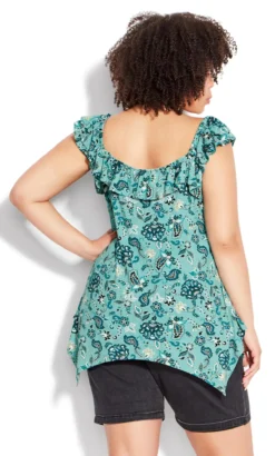 Avenue Blue Paisley Print Ruffle Hanky Hem Vest Top -Bold Fit Store 214353TEALJACOBEAN 3