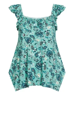 Avenue Blue Paisley Print Ruffle Hanky Hem Vest Top -Bold Fit Store 214353TEALJACOBEAN 5