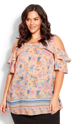 Avenue Evans Pink Floral Print Cold Shoulder Top