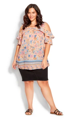 Avenue Evans Pink Floral Print Cold Shoulder Top -Bold Fit Store 214480PEACHYFLORALBORDER 3