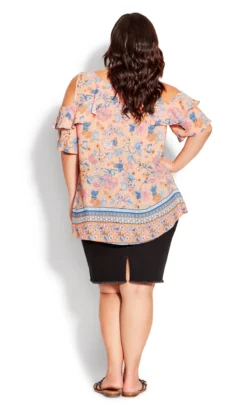 Avenue Evans Pink Floral Print Cold Shoulder Top -Bold Fit Store 214480PEACHYFLORALBORDER 4