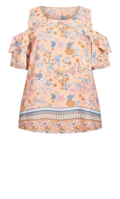 Avenue Evans Pink Floral Print Cold Shoulder Top -Bold Fit Store 214480PEACHYFLORALBORDER 5