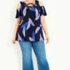 Evans Navy Blue Leaf Print Cold Shoulder Top