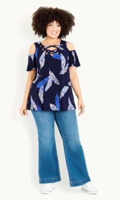 Evans Navy Blue Leaf Print Cold Shoulder Top
