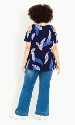 Evans Navy Blue Leaf Print Cold Shoulder Top -Bold Fit Store 214493FEATHEREDPAISLEY 4