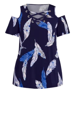 Evans Navy Blue Leaf Print Cold Shoulder Top -Bold Fit Store 214493FEATHEREDPAISLEY 5