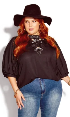 City Chic Black Embroidered Puff Sleeve Top