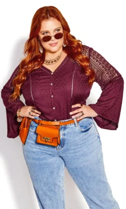 City Chic Purple Embroidered Button Through Blouse