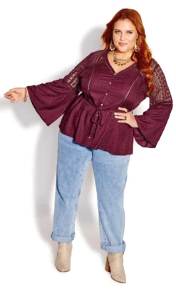 City Chic Purple Embroidered Button Through Blouse -Bold Fit Store 214557WINE 3