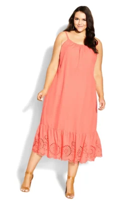 City Chic Coral Orange Crochet Trim Midi Dress