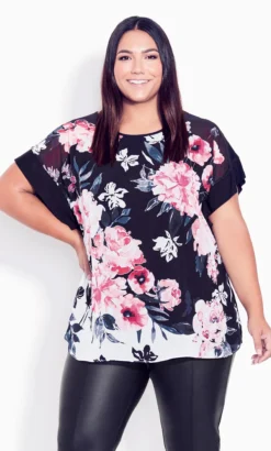 Avenue Black & Pink Floral Print Chiffon Blouse