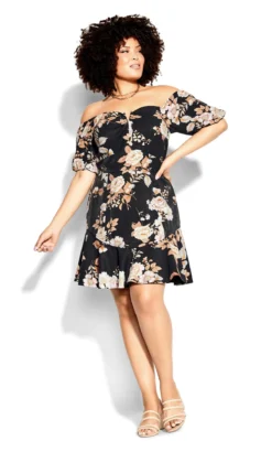 City Chic Black Floral Print Bardot Smock Dress