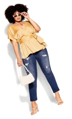 City Chic Yellow Satin Short Sleeve Wrap Top