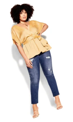 City Chic Yellow Satin Short Sleeve Wrap Top -Bold Fit Store 214987SOFTGOLD 3
