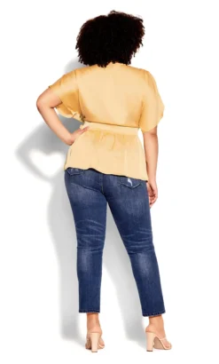 City Chic Yellow Satin Short Sleeve Wrap Top -Bold Fit Store 214987SOFTGOLD 4