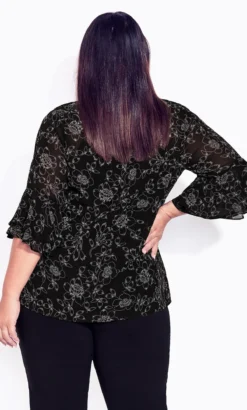 Avenue Black Floral Flare Sleeve Blouse -Bold Fit Store 215474BLKSTENCILFLORAL 3