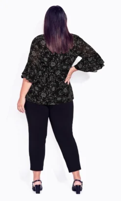 Avenue Black Floral Flare Sleeve Blouse -Bold Fit Store 215474BLKSTENCILFLORAL 4
